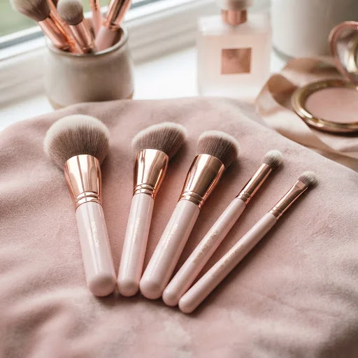 Makeup brushes arranged on blush fabric